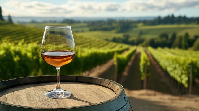 Glass of cognac resting on a wooden barrel with vineyard landscape in the background showcasing a tranquil winery setting