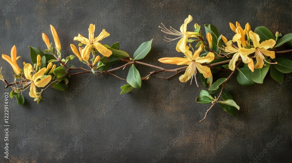 Poster honeysuckle blooms on branch with green leaves against dark background ideal for nature themes and t