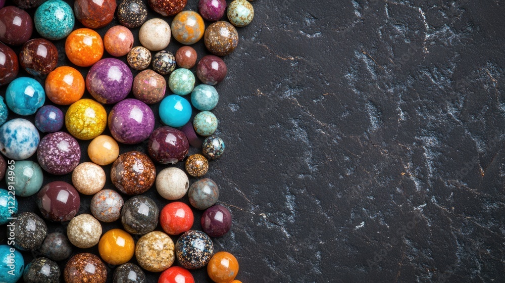 Poster close up of colorful stone beads arranged on a dark textured background with copy space for artisana