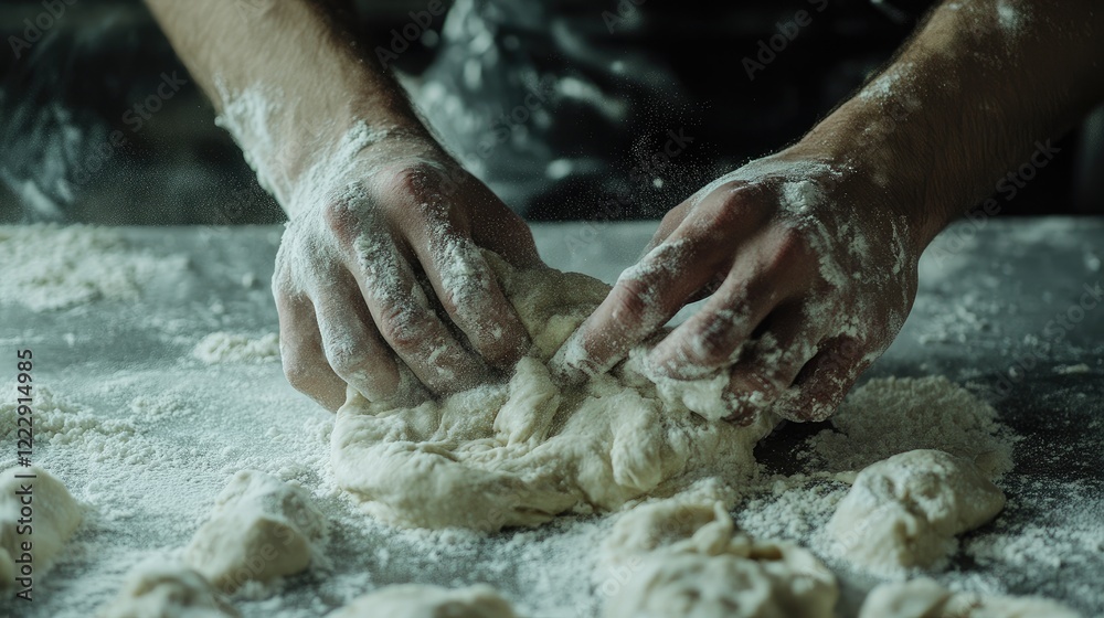 Poster Hands kneading dough on a floured kitchen table with a focus on bread preparation and ample empty space for text or branding elements