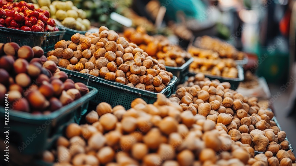 Poster close up of fresh hazelnuts in baskets at a market showcasing vibrant produce with ample blank space