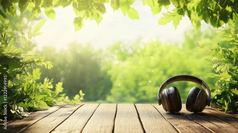 Poster close up of headphones on wooden table in nature with lush greenery and soft sunlight creating seren