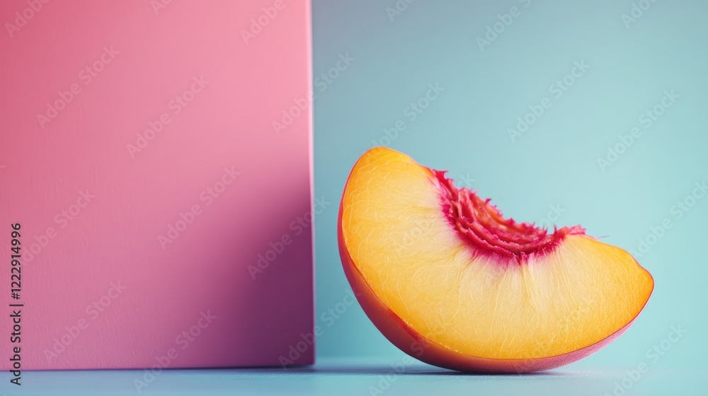 Poster Fresh peach slice against a pastel background with ample copy space for branding or text applications in food or beverage marketing.