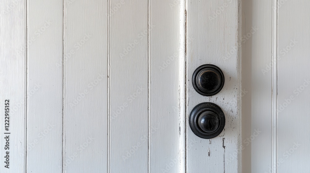Aufkleber close up of a half open white door with black doorknob against white walls featuring ample empty spa