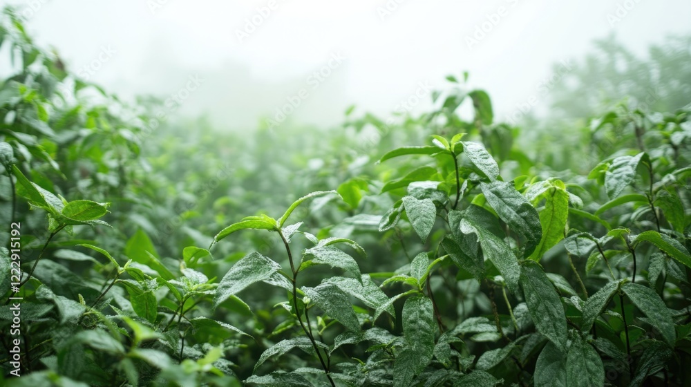 Poster tropical jungle close up featuring smilax plants in a foggy morning with serene atmosphere and ample