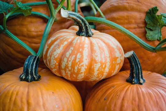 A close-up shot of several pumpkins with their stems and leaves, showcasing their vibrant orange hues and textures.