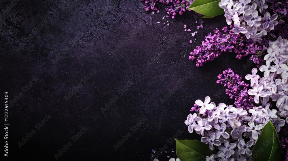 Poster close up of vibrant white and violet lilac flowers on dark textured background with ample copy space
