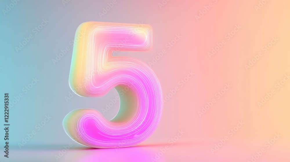 Fototapete Glowing number 5 in pastel colors with soft gradient background and ample space for text and graphic design elements.