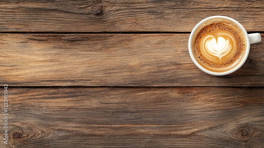Aufkleber Close up of latte art in a white mug on rustic wooden table with ample empty space for creative text or marketing message