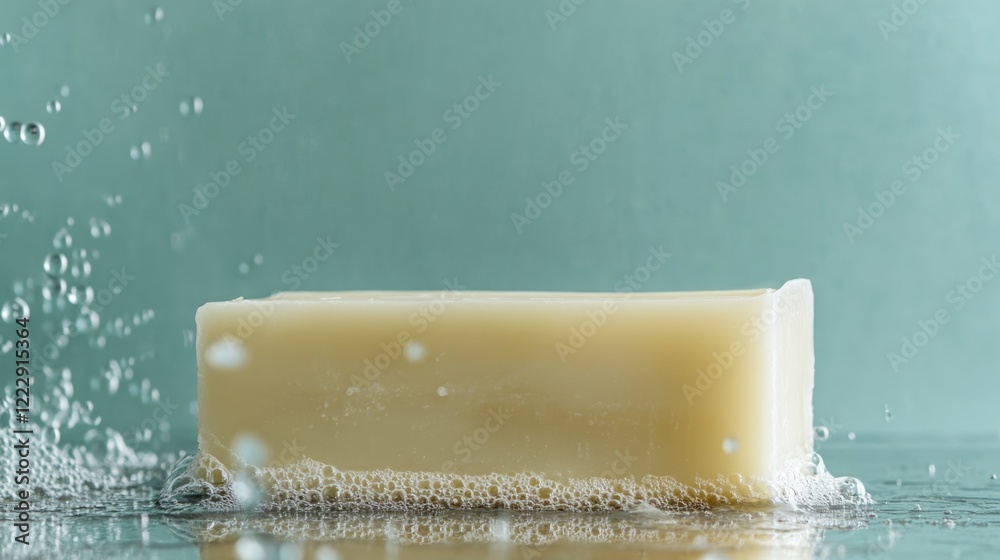Poster homemade essential oil soap on a reflective surface with bubbles and empty space for natural product