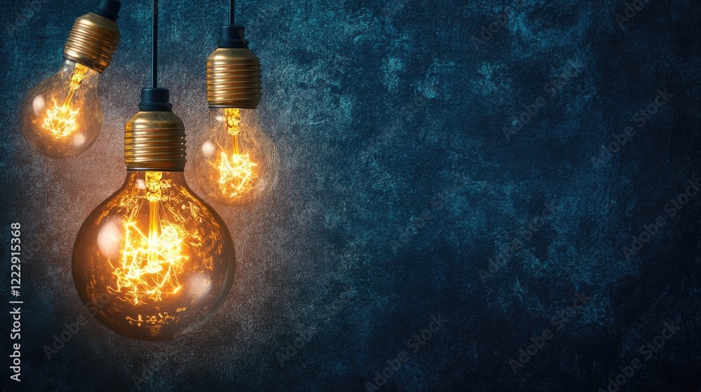 Poster illuminated vintage light bulbs hanging against a dark textured background with ample space for text