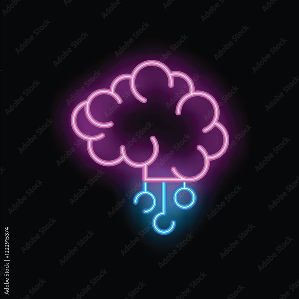 Poster glowing neon brain with three question marks hanging from it on wires, symbolizing the process of th