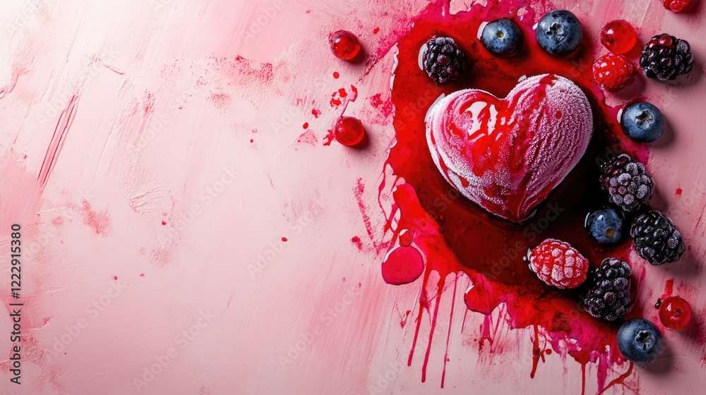 Poster heart shaped ice cream with berry sauce surrounded by fresh berries on a pastel pink background with
