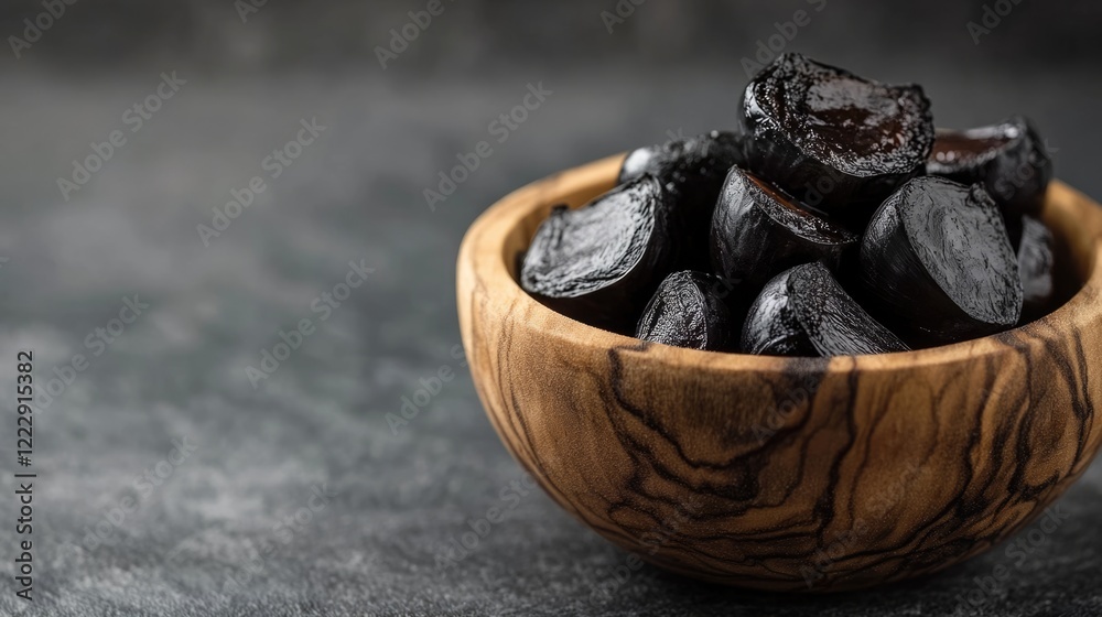 Poster close up of black garlic cloves in a wooden bowl on a dark surface with ample space for text or bran