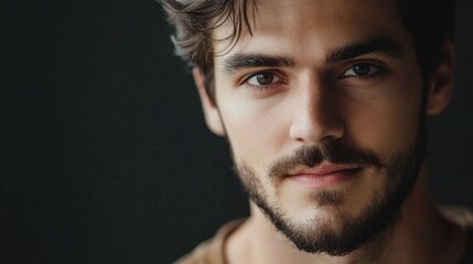Fototapeta premium Close up portrait of a young man with a beard gazing at the camera with dark background and ample space for text or graphics