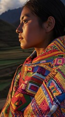 Obraz premium Close-up portrait of a Peruvian woman in vibrant traditional Andean clothing, with dramatic lighting highlighting intricate textiles and accessories, against a blurred Sacred Valley backdrop