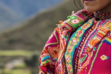 Obraz premium Close-up portrait of a Peruvian woman in vibrant traditional Andean clothing, with dramatic lighting highlighting intricate textiles and accessories, against a blurred Sacred Valley backdrop