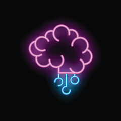 Glowing neon brain with three question marks hanging from it on wires, symbolizing the process of thinking and problem solving