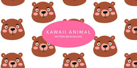 kawaii animal pattern background design. bear, deer, fox, bird, dog, hippo, parrot, pig, cow. textile pattern.  Cartoon animal Vector illustration for kids forest background with rain dots
