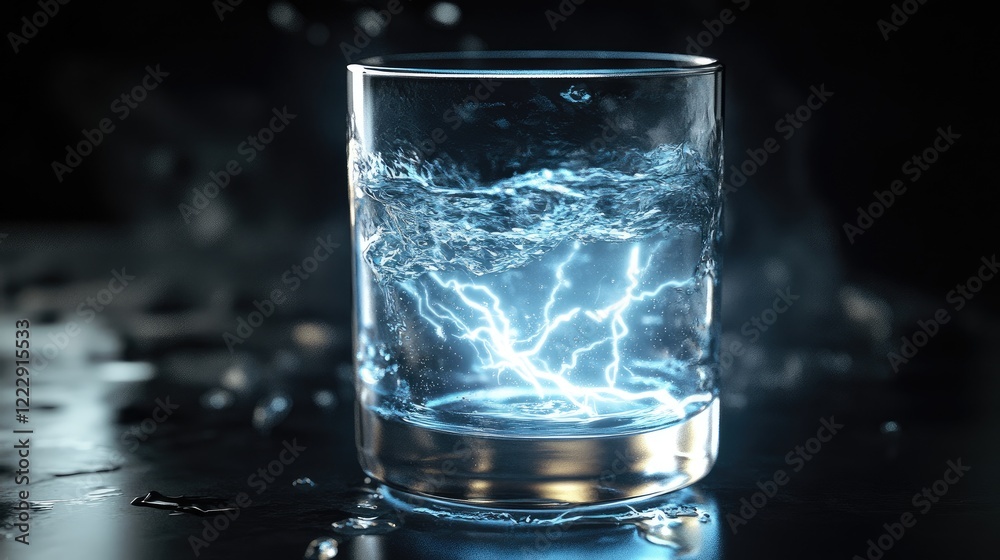 Leinwandbilder Dynamic close-up of a glass of water showcasing electric effects with dark background and ample space for adding custom text