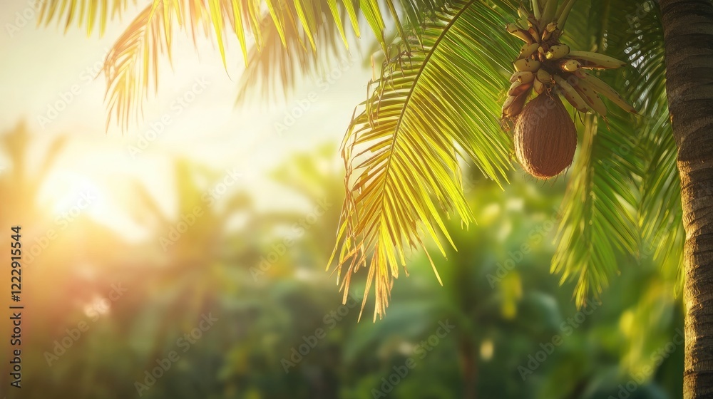 Poster Fresh coconut tree close up in a vibrant garden setting with soft sunlight and ample empty space for text and captions.