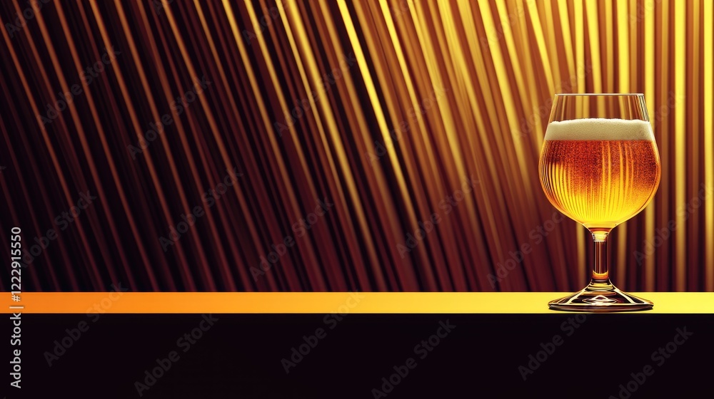 Poster elegant glass of beer on polished bar counter with vibrant golden background and ample space for per