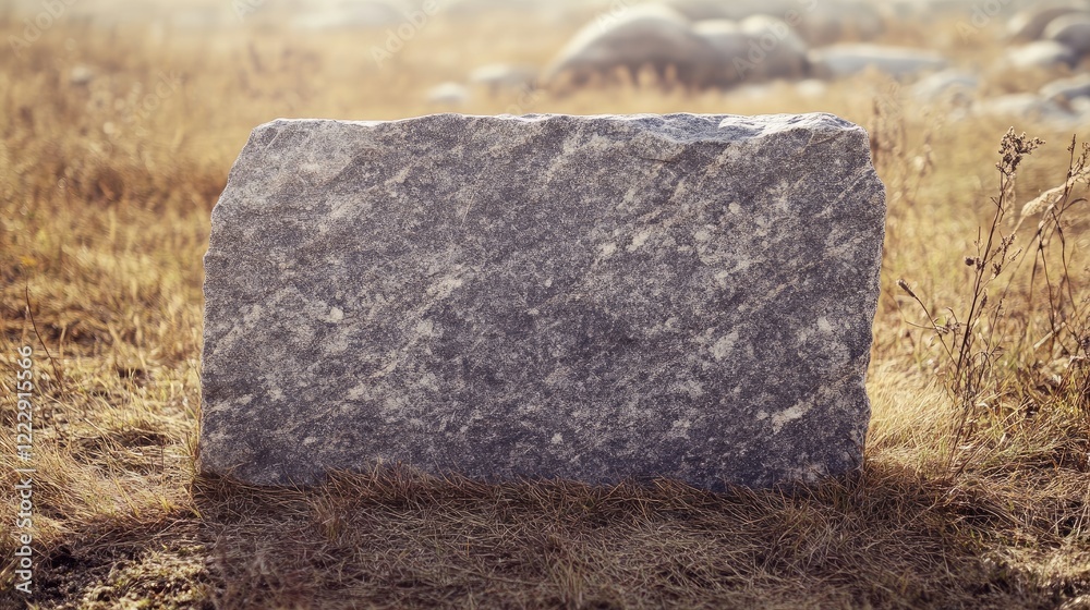 Poster Granite slab in a serene field early in the morning with warm sunlight and ample space for text or message placement
