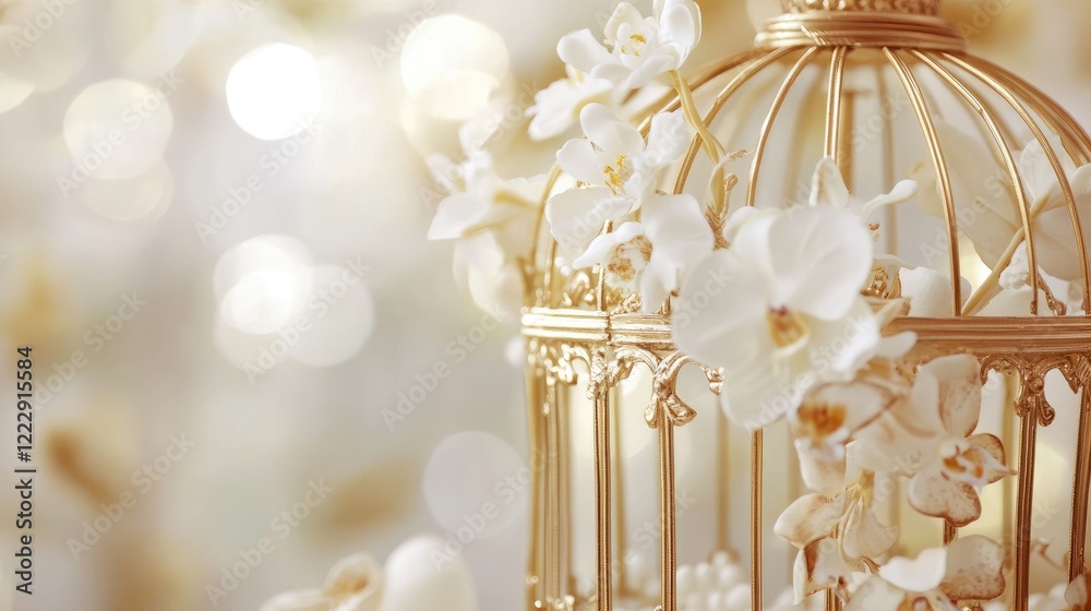Poster elegant gold and white birdcage decorated with flowers and soft bokeh background providing ample spa