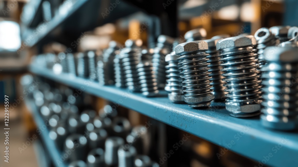 Poster close up of metal screws arranged on a workshop shelf with ample copy space suitable for industrial 