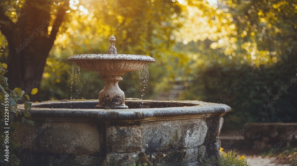Aufkleber aged village fountain surrounded by greenery illuminated by evening light with ample space for text 