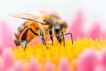 Close-up of a bee collecting pollen from a vibrant flower's stamen.