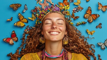 Butterfly Dreams: A captivating portrait of a smiling woman with her eyes closed, surrounded by a vibrant swarm of butterflies, evoking a sense of tranquility and metamorphosis.