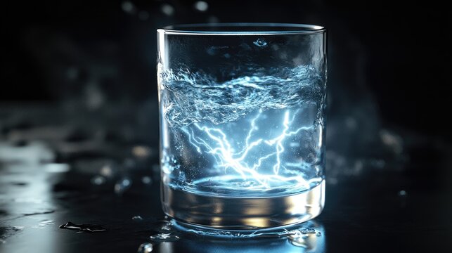 Dynamic close-up of a glass of water showcasing electric effects with dark background and ample space for adding custom text - Powered by Adobe