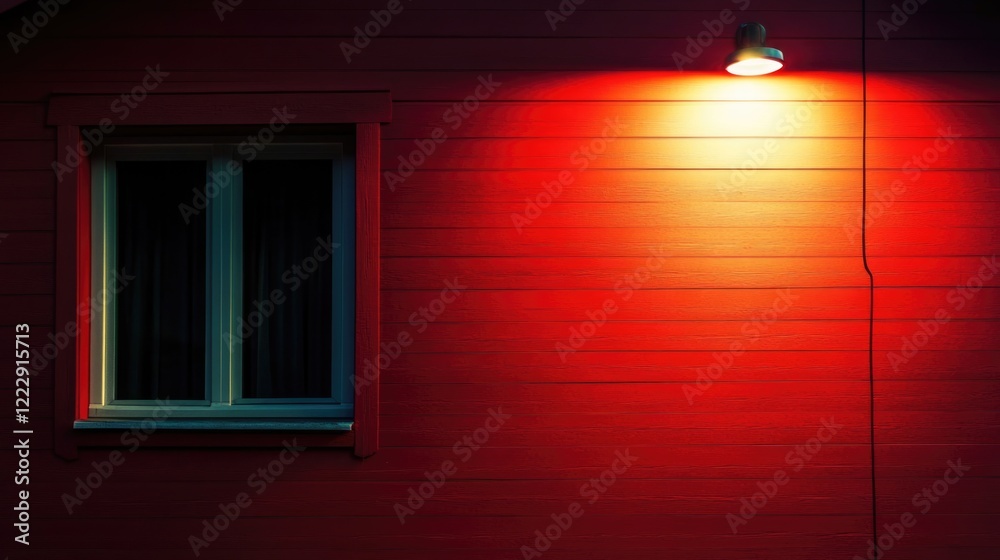 Aufkleber illuminated spotlight on red house exterior at night creating dramatic ambiance with space for text 
