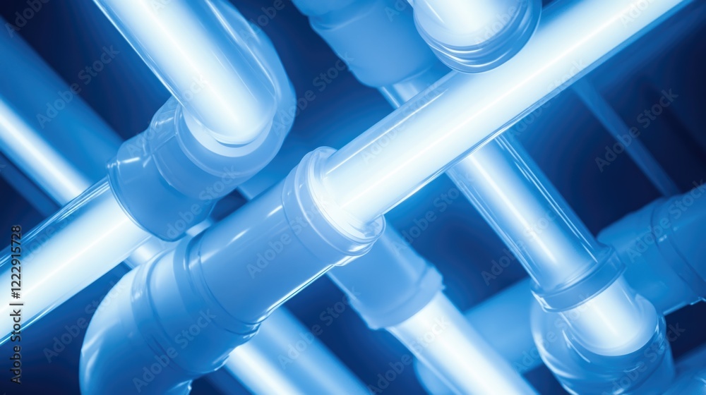 Poster Illuminated white plastic pipes intersecting with a dark background and ample empty space for text or graphics in a modern industrial setting