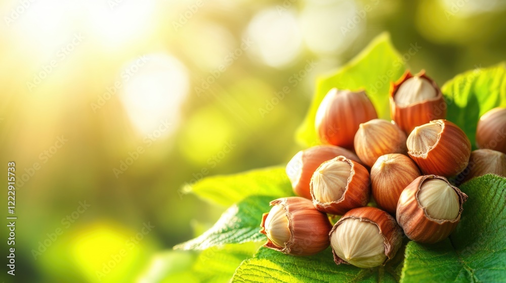 Poster close up of hazelnuts on vibrant green leaves illuminated by sunlight with ample empty space for tex