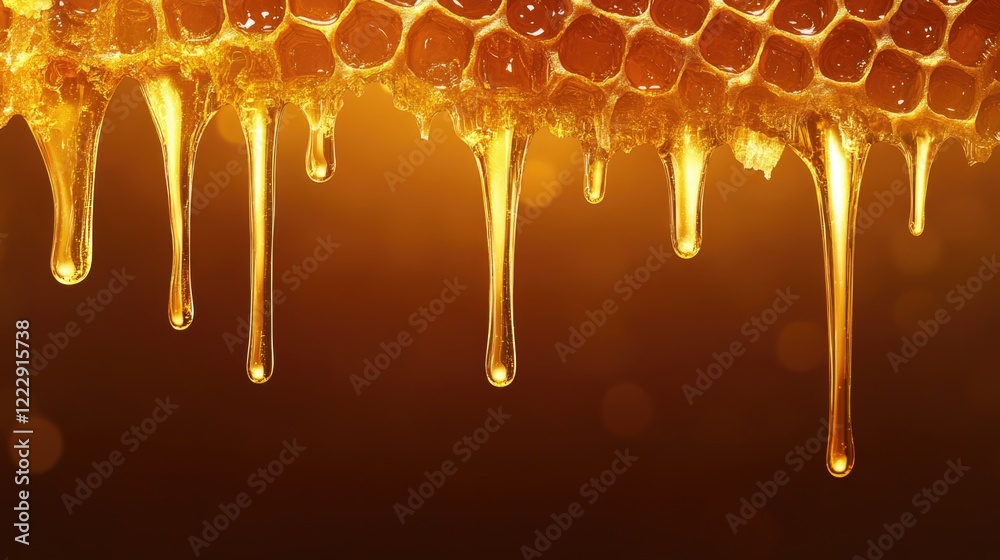 Aufkleber Close up of golden honey dripping from honeycomb with warm background and ample empty space for text and creative design elements