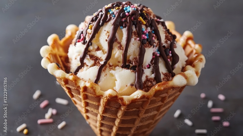 Poster delicious ice cream scoop in a waffle cone topped with chocolate drizzle and colorful sprinkles with