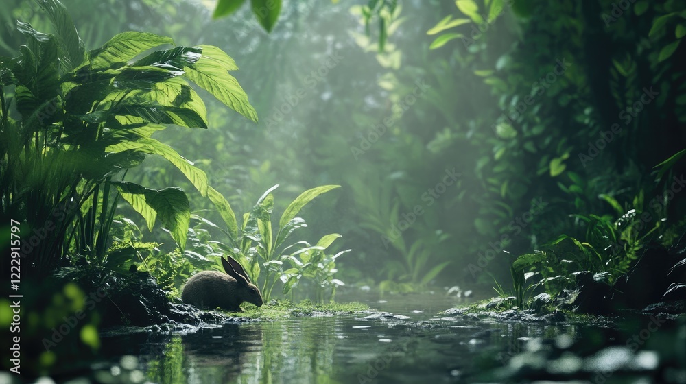 Poster Close Up of a Swamp Rabbit in Lush Greenery with Serene Water Reflection and Copy Space for Text or Advertisements