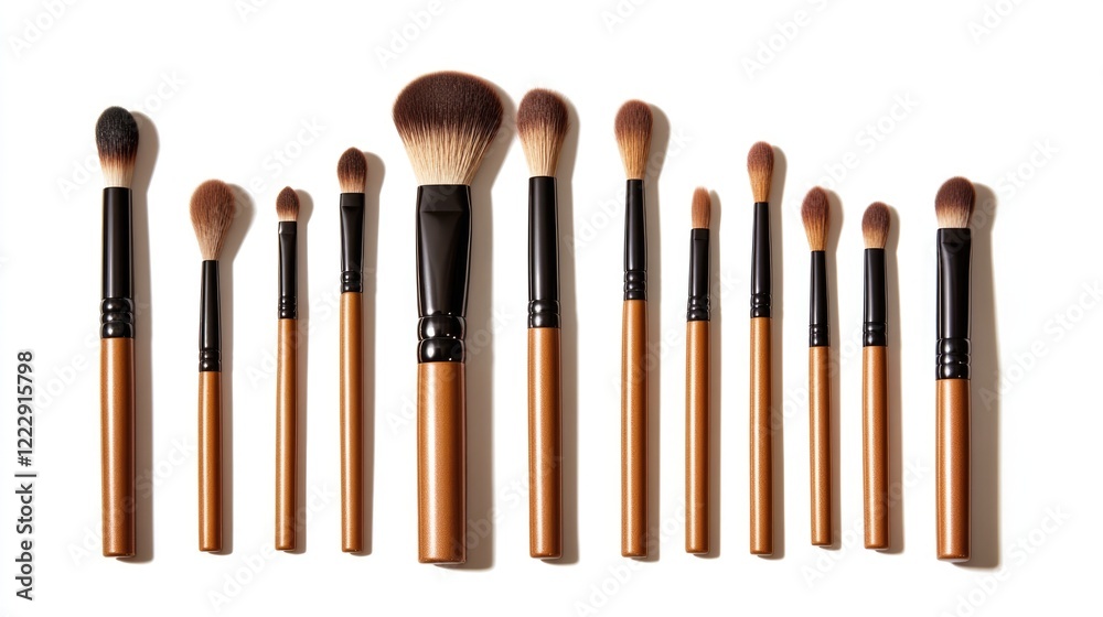 Poster professional makeup brush set arranged in warm tones on a white background with ample copy space for