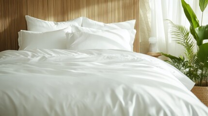 A neatly arranged bed featuring soft white bedding is complemented by green plants, creating a serene and comfortable bedroom atmosphere filled with tranquility.