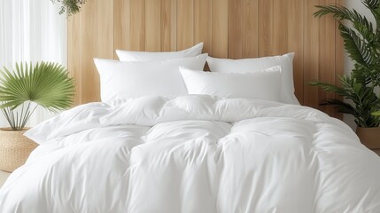 This stylish bed arrangement showcases fluffy white bedding against a wooden background, exuding modern aesthetics and inviting comfort that elevates any space.