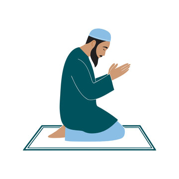 Muslim Man in Prayer on a Prayer Mat, Muslim man praying position. Man in traditinal clothes doing a religion ritual. Isolated flat vector illustration