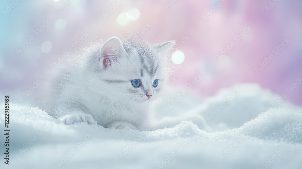 Aufkleber Fluffy kitten playing in the snow with soft pastel backdrop and ample copy space for text ideal for winter themed promotions