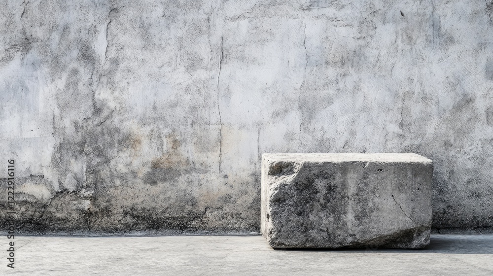 Poster Close up of a weathered concrete block against a textured wall with ample empty space for inserting text or graphics in a minimalist setting