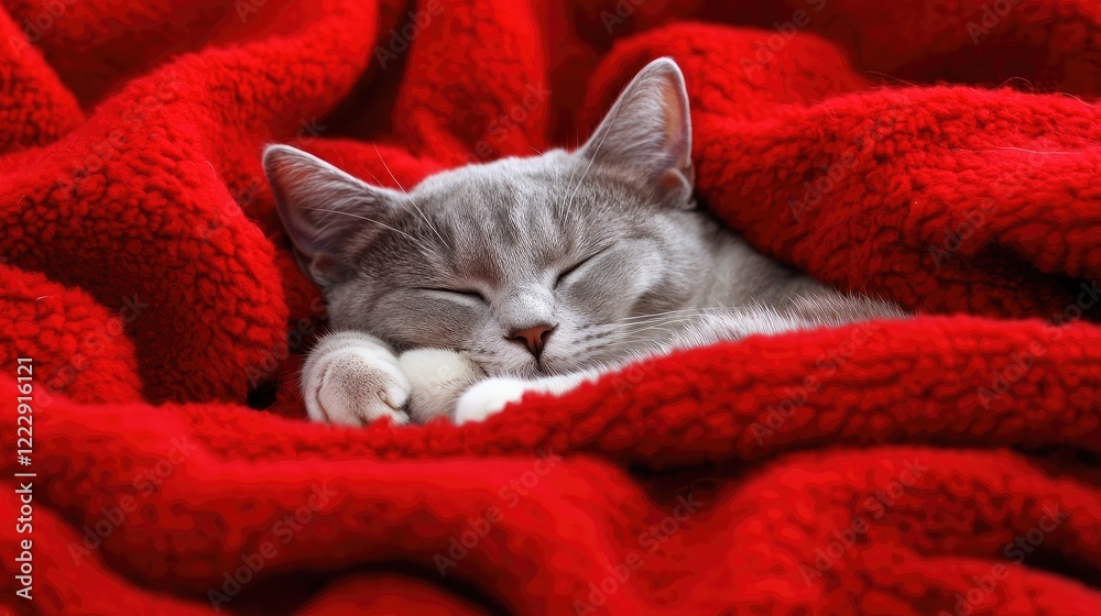 Aufkleber Grey and white cat peacefully napping on a cozy red blanket with ample empty space for adding personalized text or messages