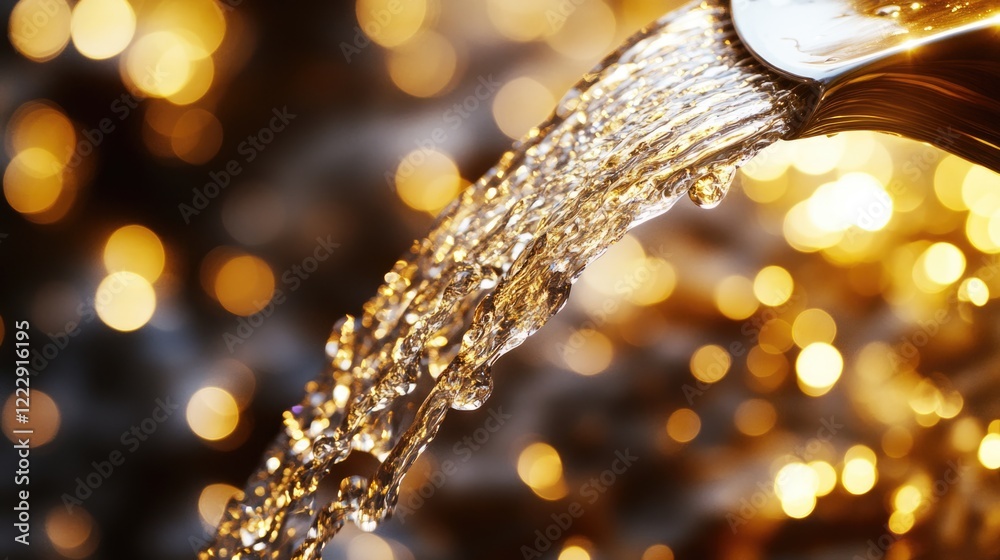 Poster Shiny metal faucet with flowing water and beautiful bokeh background creating an inviting atmosphere for text placement or branding use