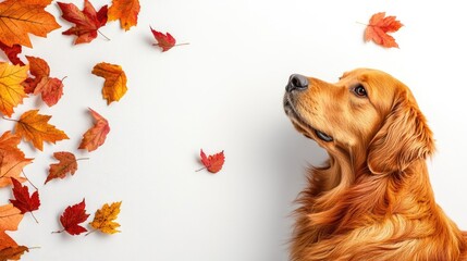 Golden retriever surrounded by autumn leaves with empty space for text ideal for seasonal promotions or pet-related content