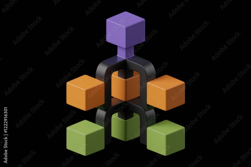 Poster Abstract 3D rendering of interconnected colorful cubes forming a unique structure.
