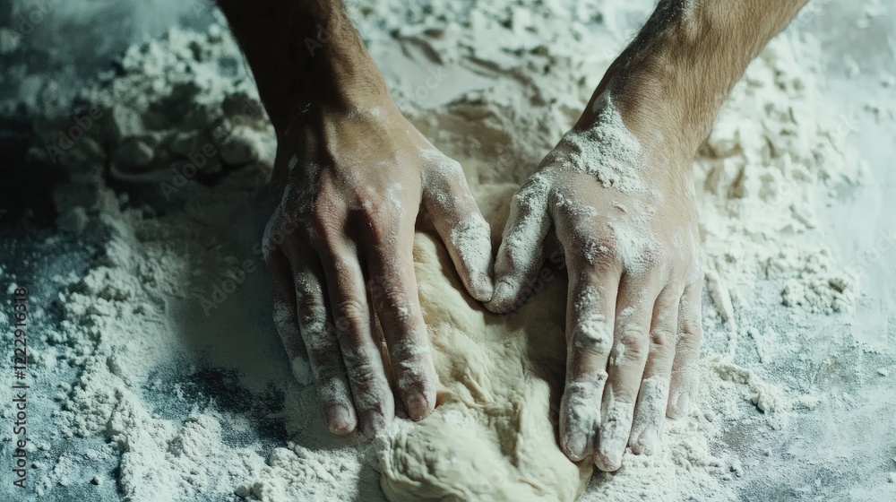 Aufkleber hands kneading dough on a floured surface with empty space for text showcasing baking and culinary c